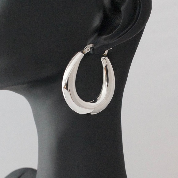 Modernist Stainless Steel Hoop Earrings Large Chunky Silver Tone Hoops - Picture 3 of 5